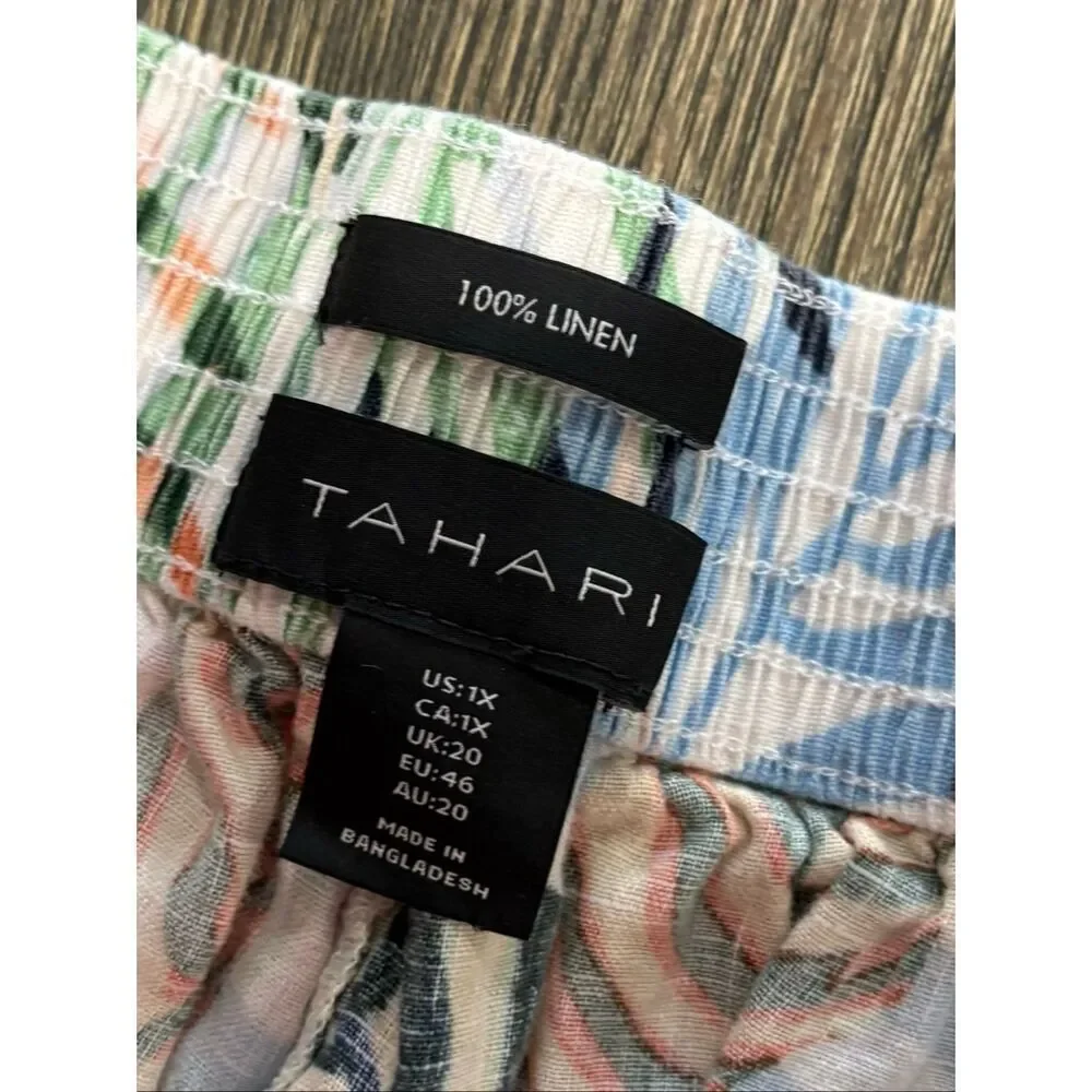 Tahari Womens Linen Pants Wide Leg Tropical Leaf Print Multicolor Plus Size 1X
